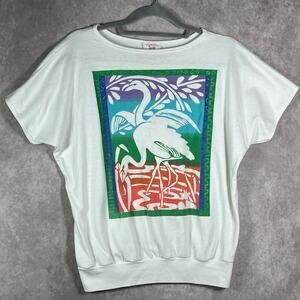 Vintage Jane Colby‎ Shirt Womens Medium White Flamingo Graphic Dolman Sleeve Art